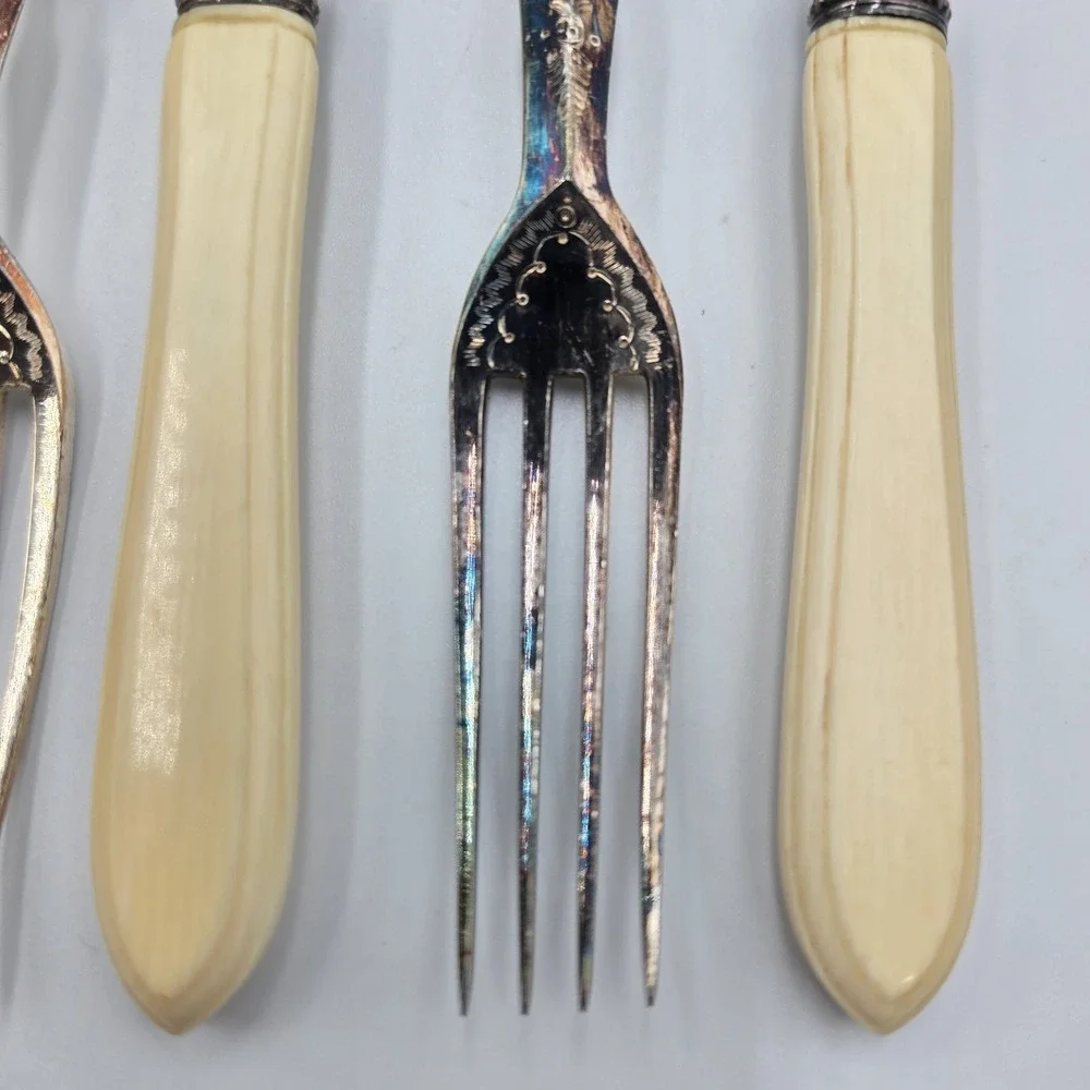 Vintage Dinner Fish Fork Set‎ EPNS Ornate Design 6 Pc Rare Set Celluloid
